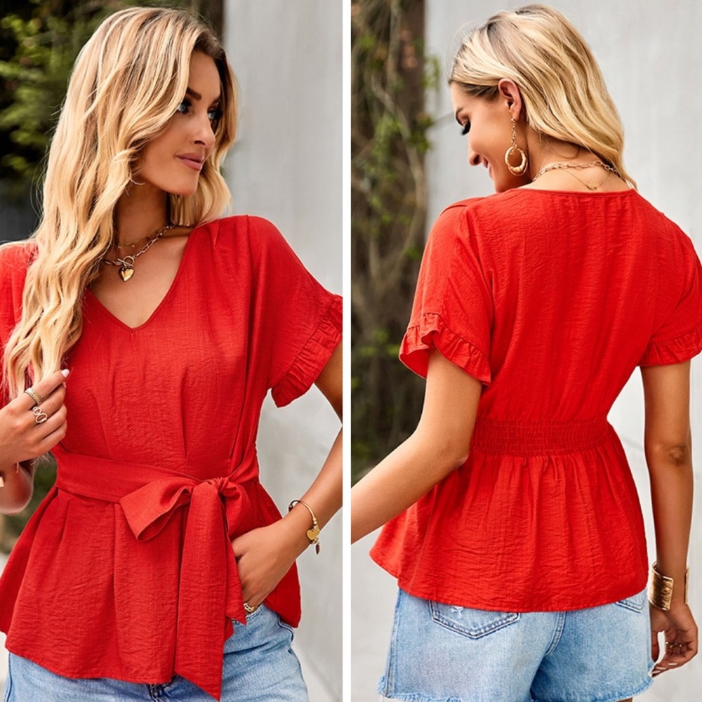 Tie Waist Flounce Sleeve Smocked Top - Picture 2 of 2
